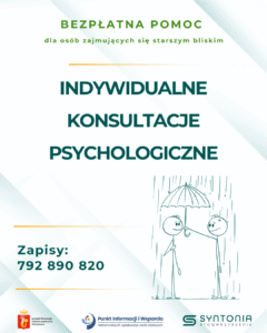 Zaproszenie ddla opiekunów rodzinnych osób z demencją, chorobą Alzheimera, do skorzystania z bezpłatnych konsultacji z psychologiem
