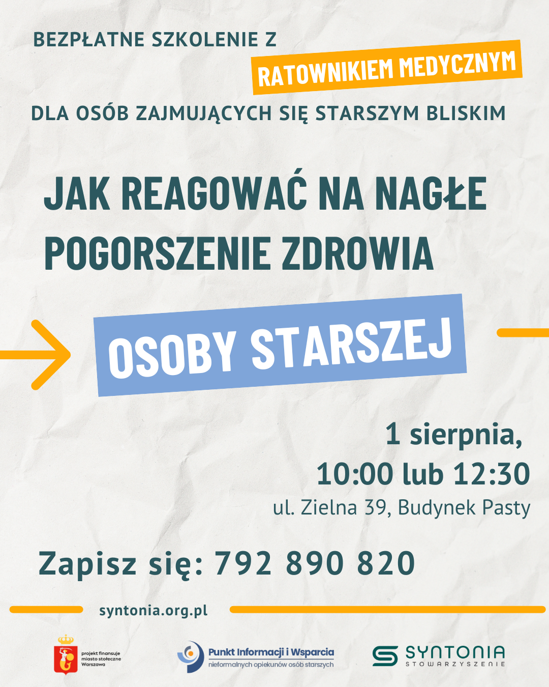 Zaproszenie na bezpłatne szkolenie z ratownikiem medycznym na temat pierwszej pomocy osobom starszym