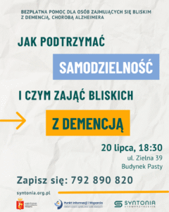 Zaproszenie na spotkanie dla opiekunów rodzinnych osób z demencją na temat zajęć i podtrzymywania samodzielności