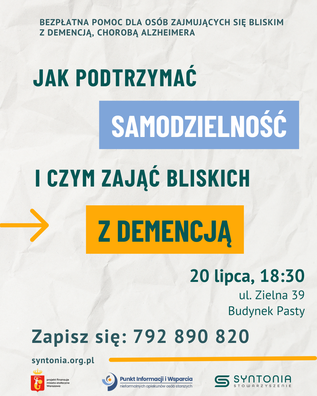 Zaproszenie na spotkanie dla opiekunów rodzinnych osób z demencją na temat zajęć i podtrzymywania samodzielności