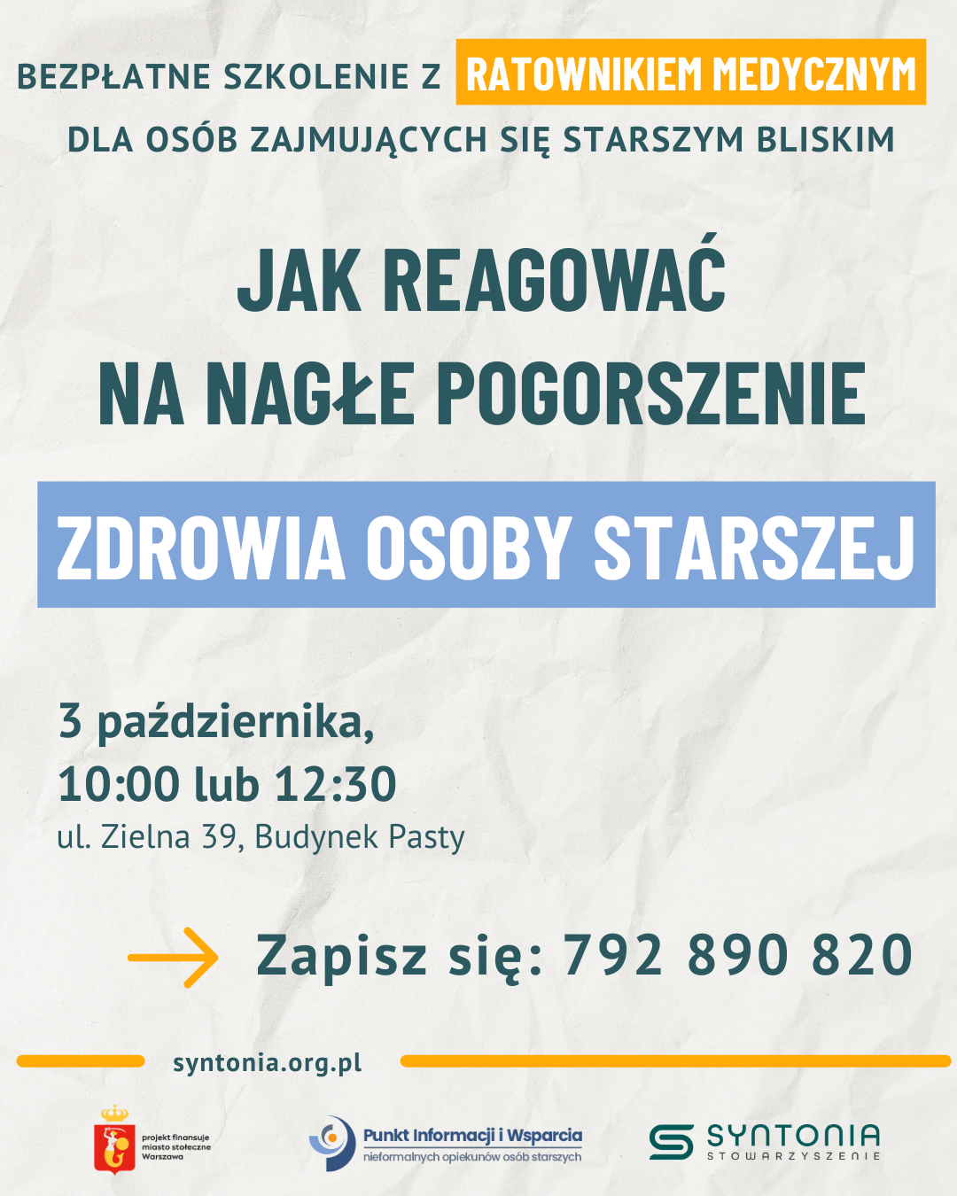 bezpłatne szkolenie z ratownikiem medycznym dla osób zajmujących się starszym bliskim